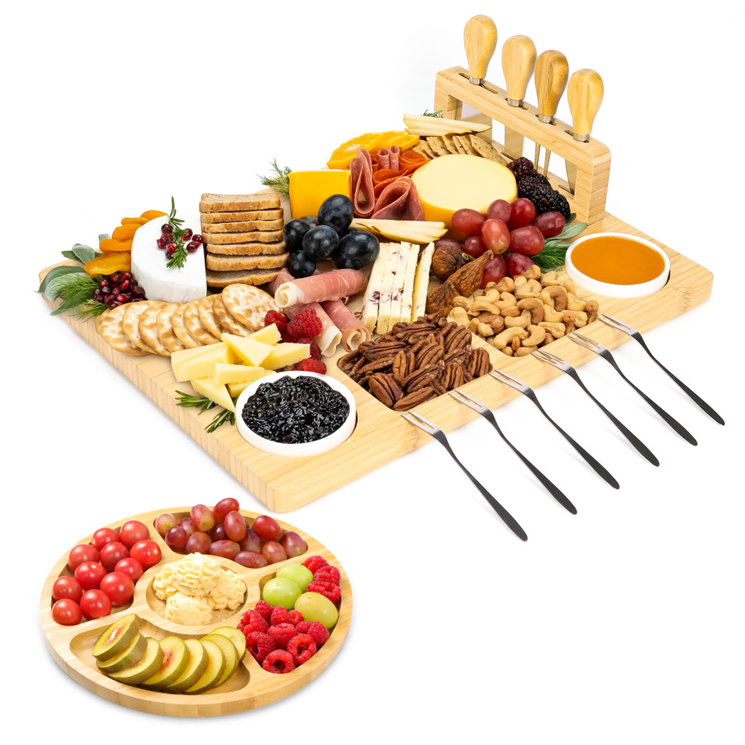 Charcuterie Board Set, Rayon from Bamboo Cheese Board Set with Knives and Utensils JOYOJ