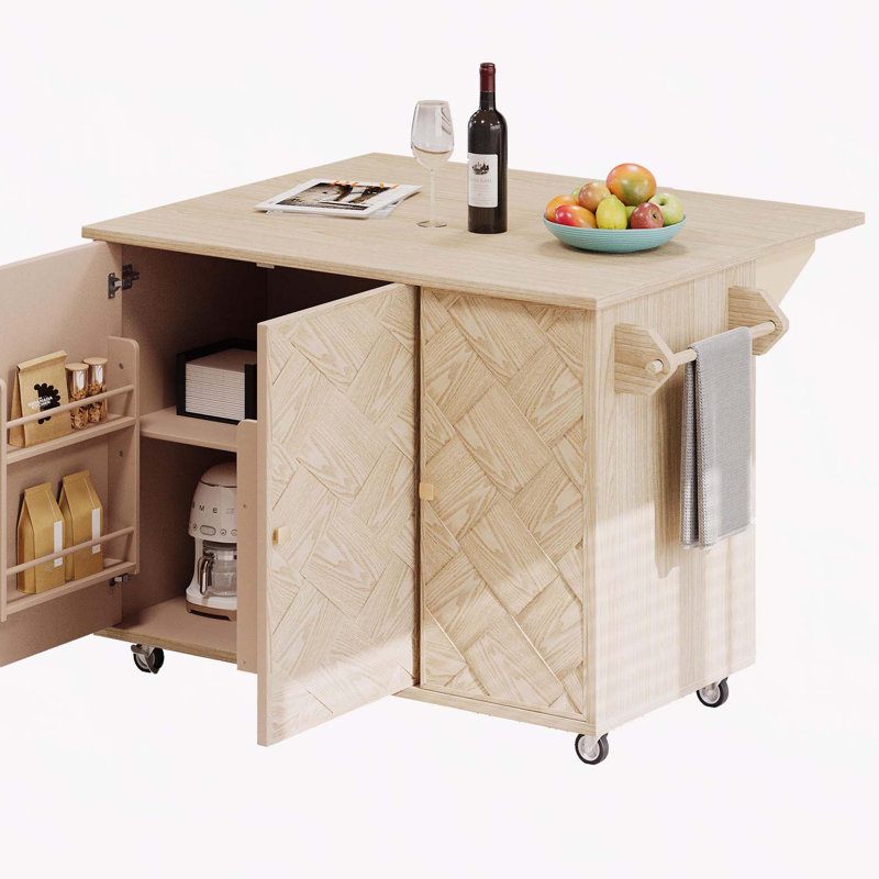 Îlot de cuisine en bois de frêne plaqué de frêne de 51,2 po (papier pas cher) avec abattant, îlot de cuisine sur roulettes avec support de rangement interne, chariot de cuisine roulant, bois naturel