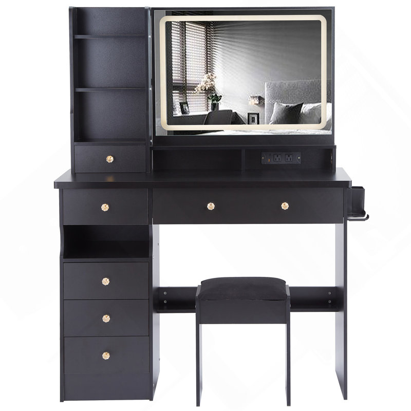 41" Large Size Left Drawer Desktop Vanity Table With Cushioned Stool Dresser Set,2 AC Outlets And 2 USB Ports Power Station,Hair Dryer Stand,Extra-Large Touch-Control Led Mirror,3-Switching