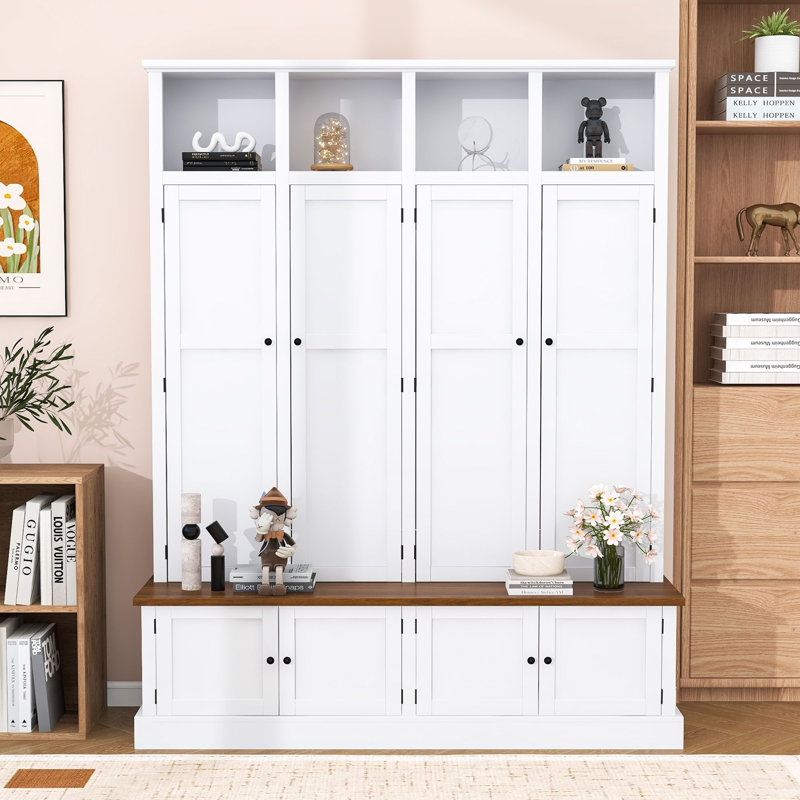 4-in-1 Hall Tree with Hooks, Bench and Cabinet, White