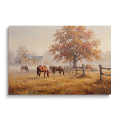 Tableau multicolore sur toile représentant un paysage champêtre automnal avec des chevaux, idéal pour le salon, la salle à manger et la chambre.