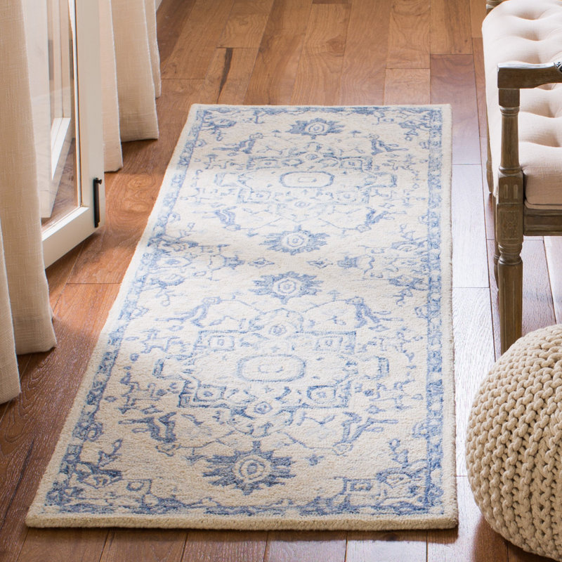 Cuvier Hand Tufted Wool Cotton Oriental Rug in Blue/Ivory, Runner 2'3" x 7'