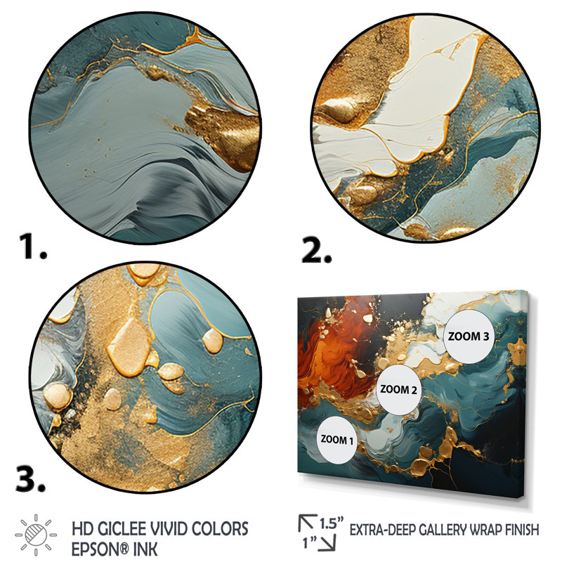 Tempête de marbre bleu et doré I - art mural abstrait, Cadre flottant doré, H 16 po x l 32 po x P 1 po