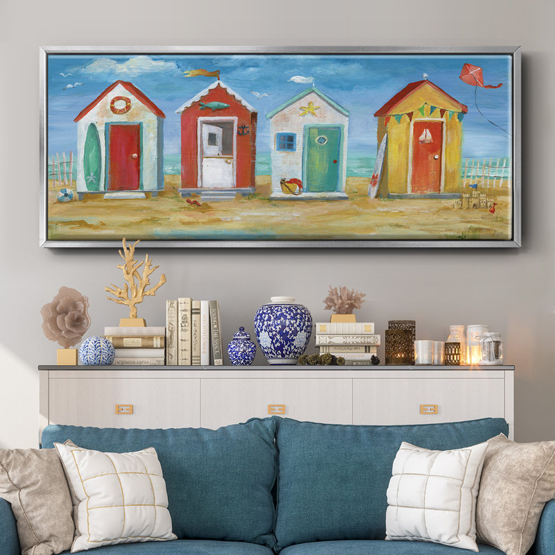 Bright Beach Huts- Framed Canvas, 20" H x 50" W