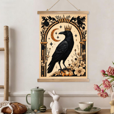 Corbeau avec couronne et fleurs, art mural volute suspendu, cintre en bois intégré, 16 x 24
