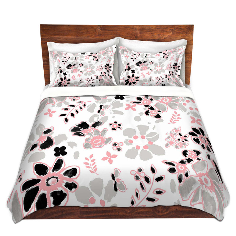 Ensemble de housse de couette Flodoodle, 1 housse simple + 1 taie standard, Blanc / rose / noir
