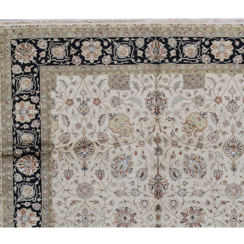 Tapis ivoire et noir noué à la main de haute qualité
