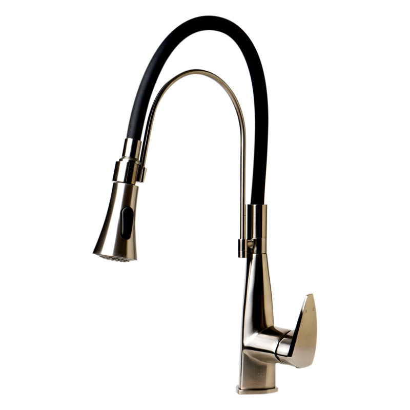 Robinet de cuisine rétractable à poignée simple avec douchette latérale, Nickel brossé