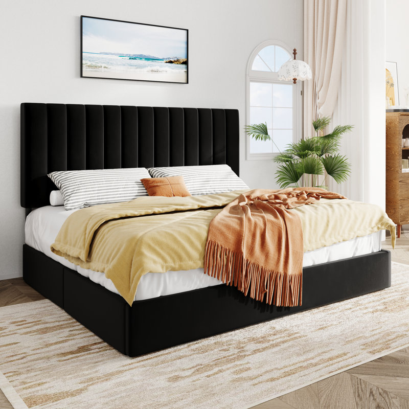 Velvet Upholstered Storage Platform Bed with Adjustable Headboard & 4 Drawers, Black, King