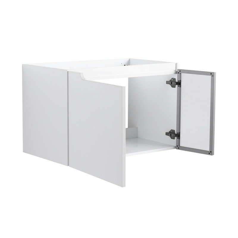 Meuble-lavabo mural 30 po, 2 portes à fermeture en douceur, meuble-lavabo blanc brillant et 1/2 porte en verre gris, contreplaqué (emballage KD) - Lavabo non compris