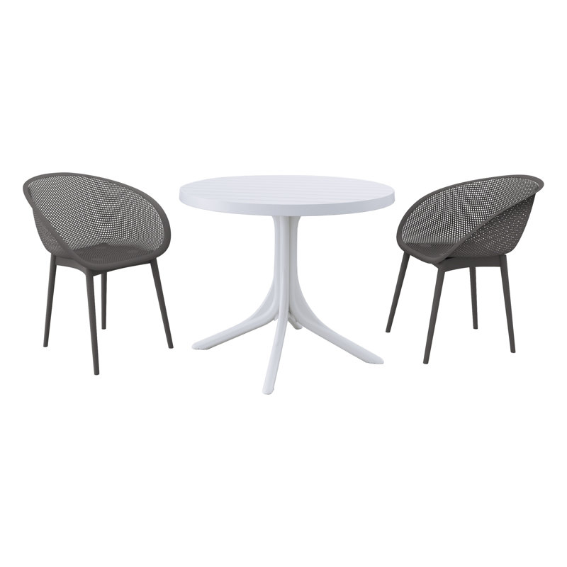 Ensemble de salle à manger d'extérieur moderne 3 pièces - Table ronde en plastique PP toutes saisons et chaises longues ergonomiques gris chaud