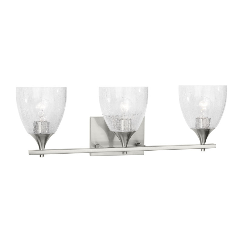 Applique murale de salle de bain 3 lumières Toffino au fini nickel brossé avec abat-jour en verre transparent craquelé