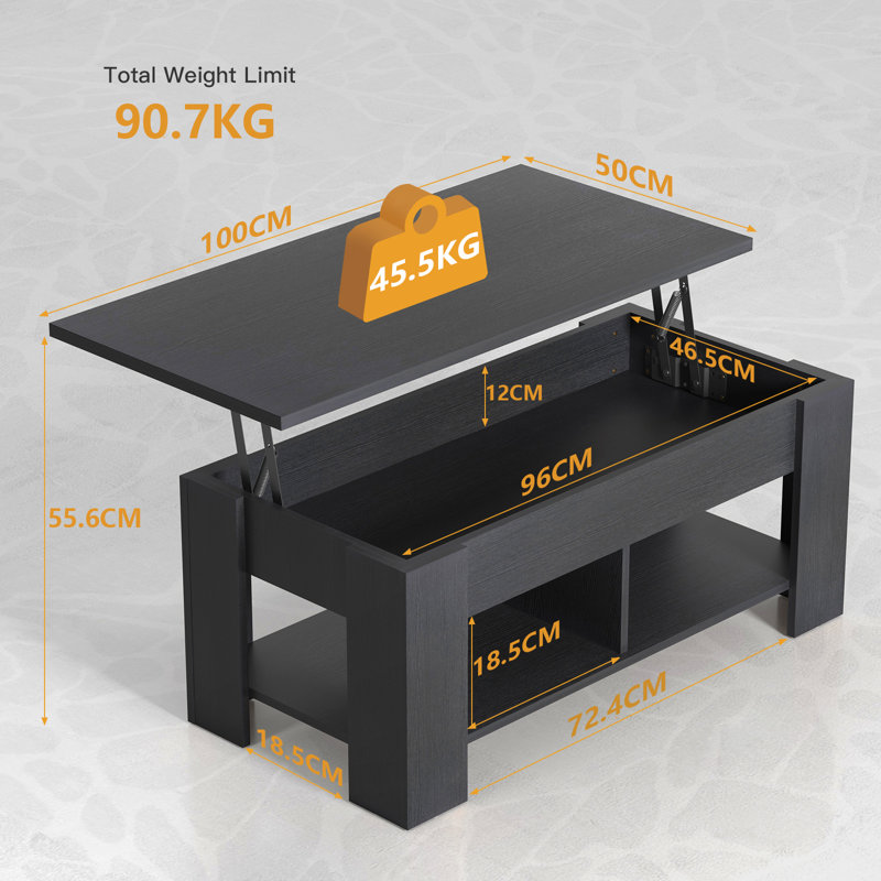 Rikiah Lift Top Extendable Coffee Table with 12cm Deep Storage, Black, Black