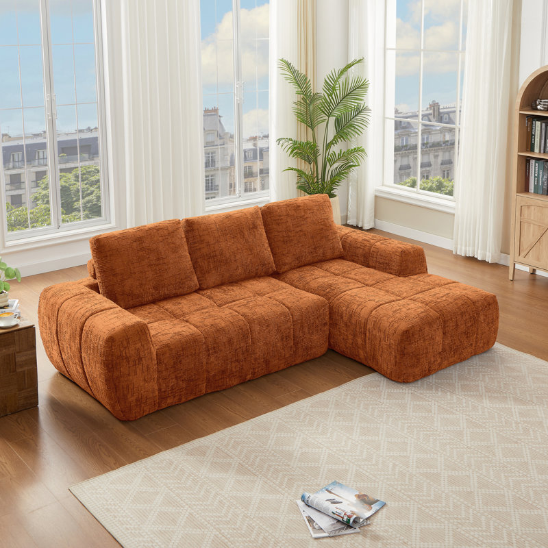 Canapé modulaire moderne en chenille orange surdimensionné en forme de L pour les espaces de vie
