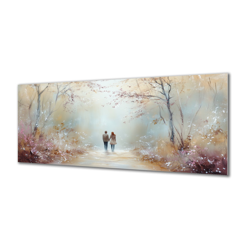 Impression moderne sur métal - Couple marchant dans la forêt, art mural mauve romantique, L 32 po x H 16 po