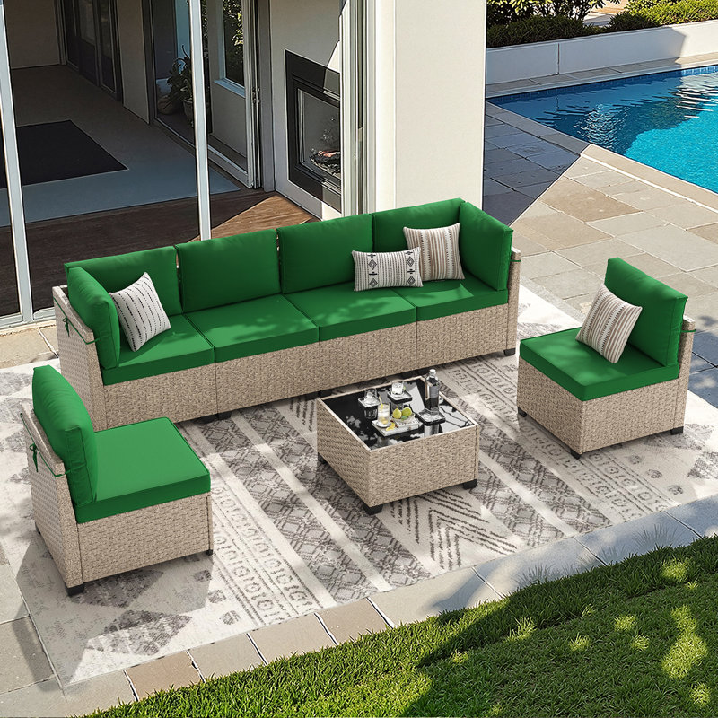 Wicker 6 - Person Modular Patio Conversation Sets with Cushions, Gray, Green