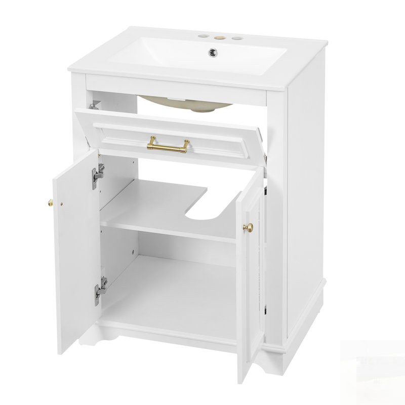 Meuble-lavabo avec lavabo en céramique intégré, idéal pour les petites et moyennes salles de bain, avec finition blanche avec 2 portes et 1 tiroir basculant