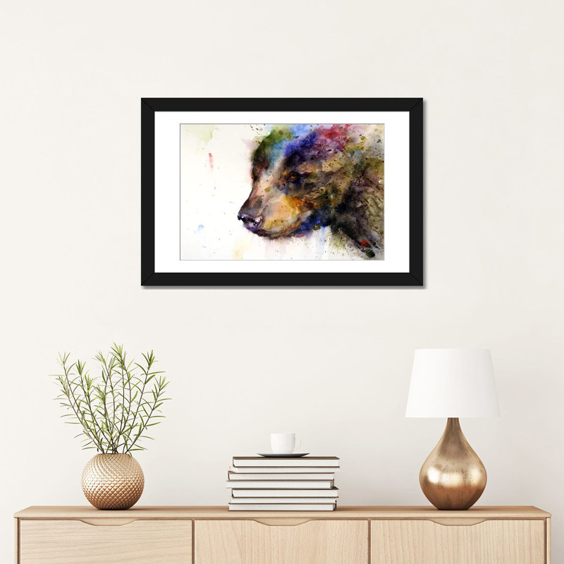 « bear », reproduction de peinture sur toile tendue, H 16 po x l 24 po x P 1 po, Papier beaux-arts encadré noir, Blanc