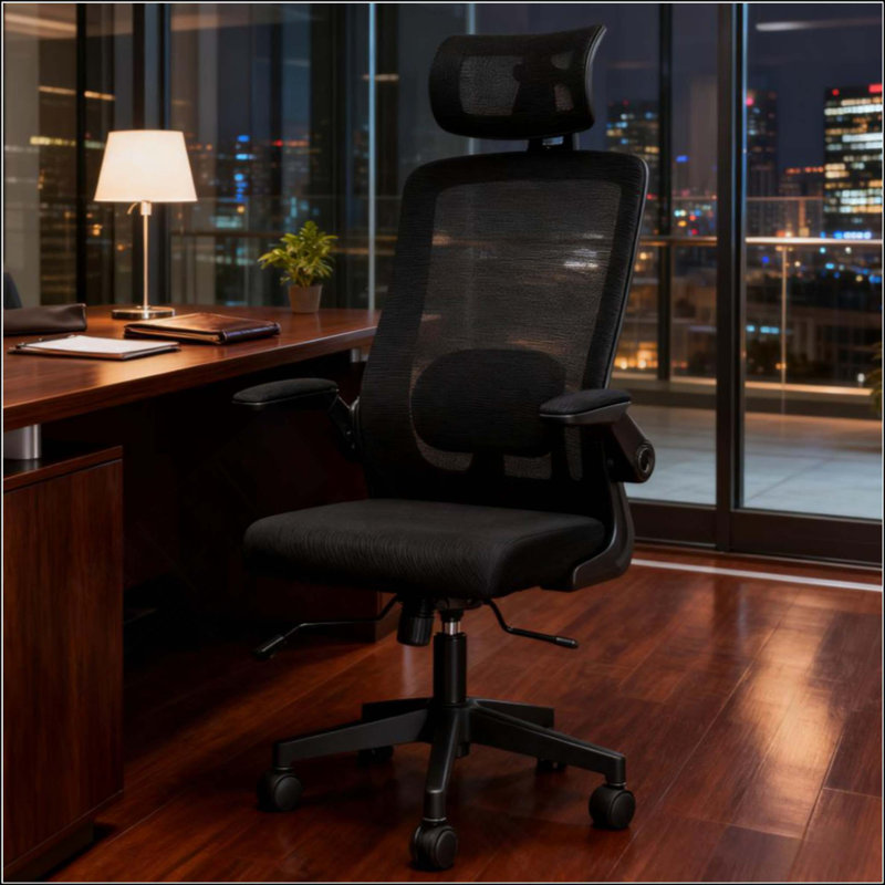 Chaise de bureau en filet, chaise de bureau avec accoudoirs rabattables, appui-tête rotatif, support lombaire réglable