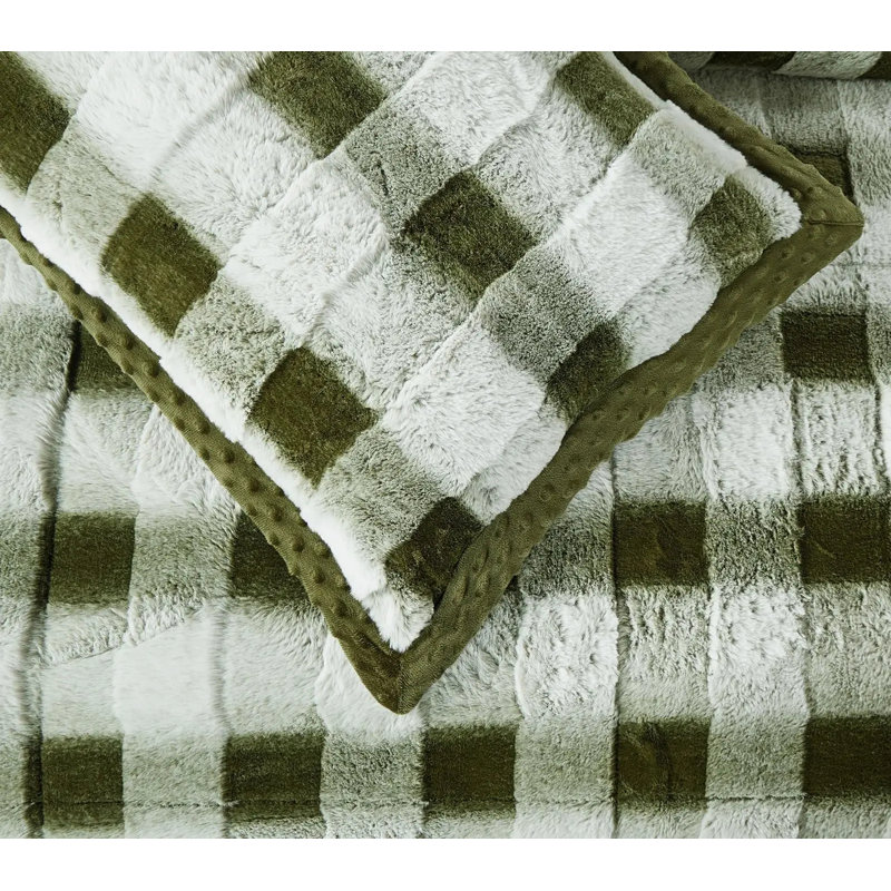 Polyester Chequered Bedspread with Pillowcases Included, Super King Bedspread + 2 Standard Pillowcases, Green