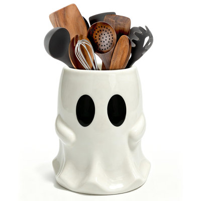 Halloween Kitchen Decor, Ceramic  Utensil Holder, Cute Halloween Utensils Holder, Ceramic Utensils Crock, Rustic Farmhouse Indoor Kitchen Decorations, (Halloween Ghost)