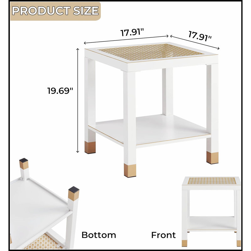 Table d'appoint carrée avec tablette, style bohème, plateau en verre trempé, structure en métal, 2 niveaux, parfaite pour le salon et la chambre à coucher
