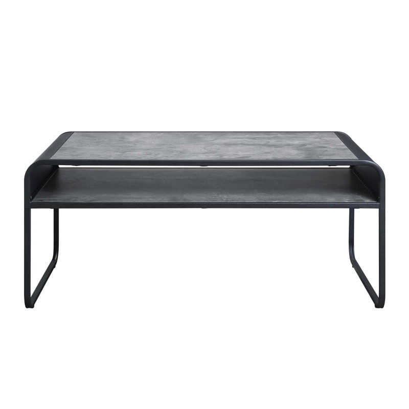 Table basse moderne de style industriel avec structure ouverte en métal noir avec tablette ouverte et rebords courbés