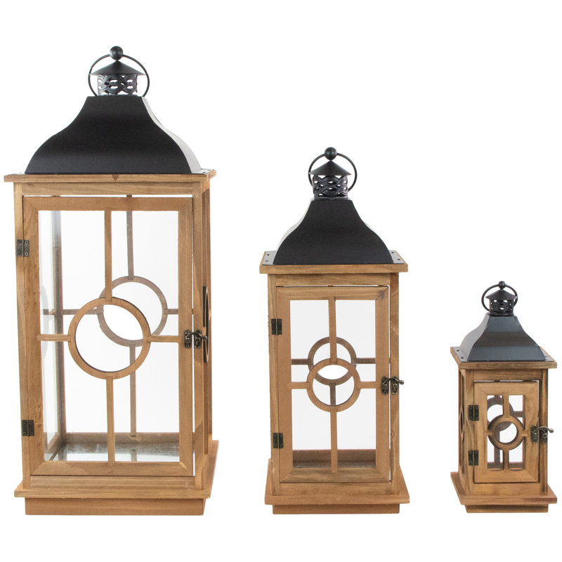 Natural Wood Candle Lanterns with Black Metal Tops