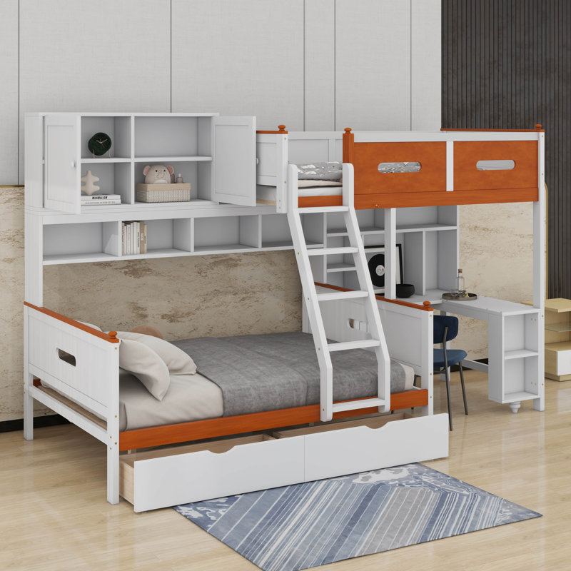 Lit superposé simple au-dessus d'un lit double en bois avec bureau, tiroirs, éclairage à DEL, tablettes et armoire