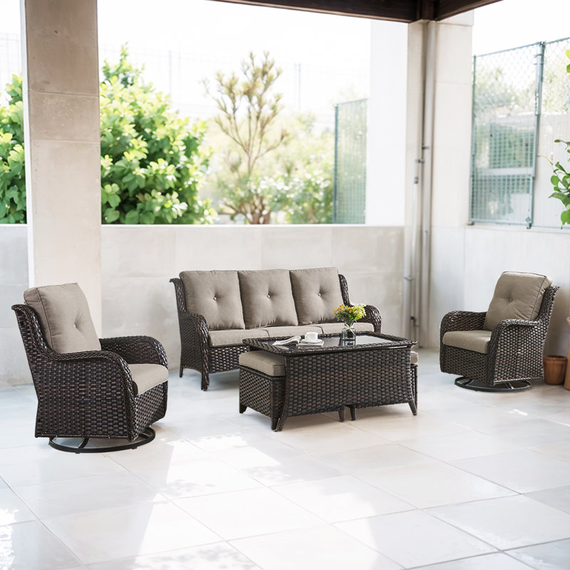 Bonia 7-Piece Outdoor Wicker Furniture Set with Swivel Rocking Chairs, Ottoman & Tempered Glass Table – All-Weather PE Rattan, Deep Seat Design, 360° Rotation