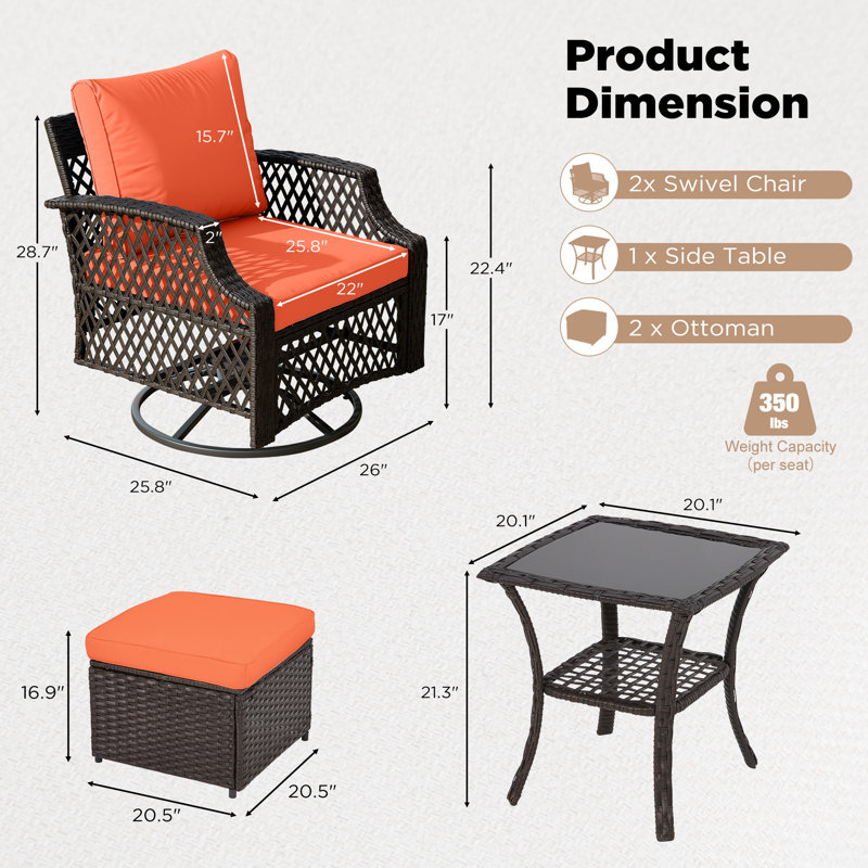 Ensemble de chaises pivotantes d'extérieur 5 pièces avec repose-pieds, ensemble bistro en osier avec coussins 25D et table basse en verre