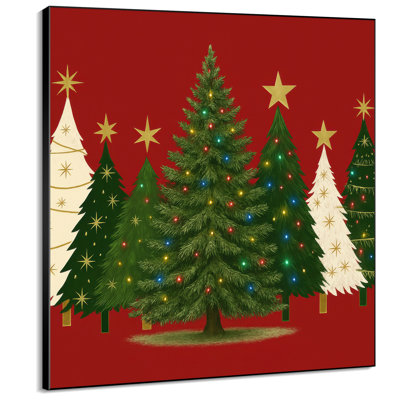 Extra Large Wall Art Fabric Print - Red Christmas Pine Trees Holiday Living Room Decor - "Frame Assembly Required (Unfinished Frame)"