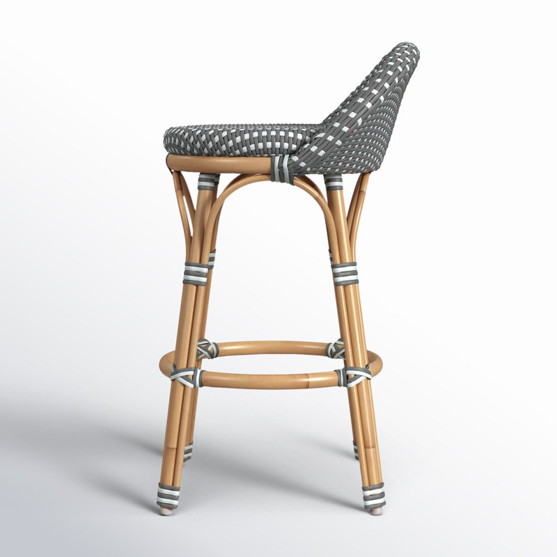Tobias Outdoor Rattan and Metal Low Back Counter stool, Gray/White