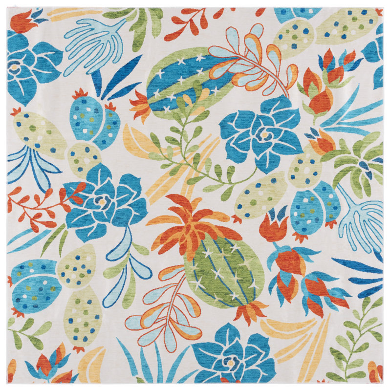 Meenakshi Performance Machine Washable Floral Rug, Square 6'