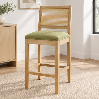 Green Solid Wood Bar Stools with Rattan Backrest and Foam Cushion, Set of 2