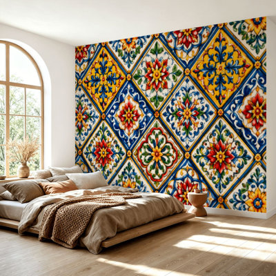 Wall Mural Peel and Stick Wallpaper Mexican talavera ceramic tile seamless Ethnic folk ornament Italian Self-Adhesive Removable Contact Paper Wall Decor for Living Room Bedroom 69"H x 96"W