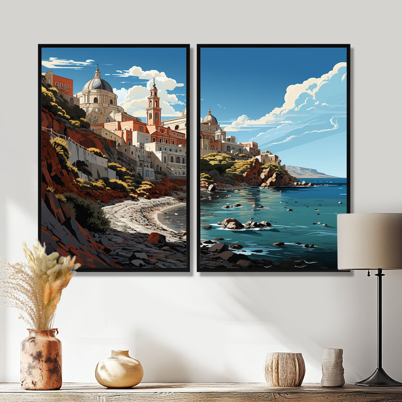Village côtier italien II - impressions sur toile traditionnelles bleues, 36" H x 48" W, Impression encadrée flottante, Black