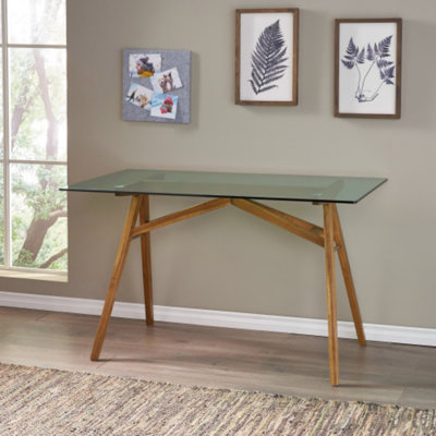 Modern Large Computer Desk with Tempered Glass Top and Wood Base for Home Office