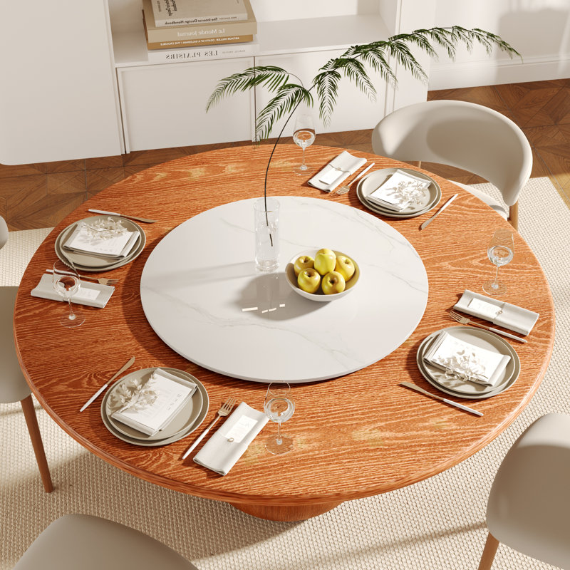 Round Solid Wood Otelia Otelia With Lazy Susan Mid-Century Modern For 4/6/8/10, 29.5"H x 59"L x 59"W