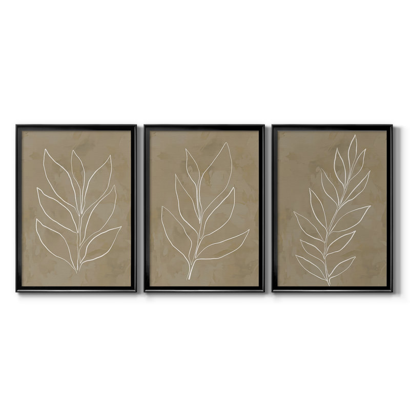 Leaf Line Art I - Toile tendue avec châssis sur mesure - 3 pièces, H 27 po x l 39 po, Noir