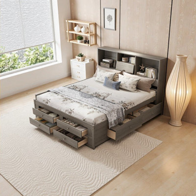 King-Size Modern Gray Platform Storage Bed - Solid Wood Headboard w/ 8 Drawers & No Box Spring Needed