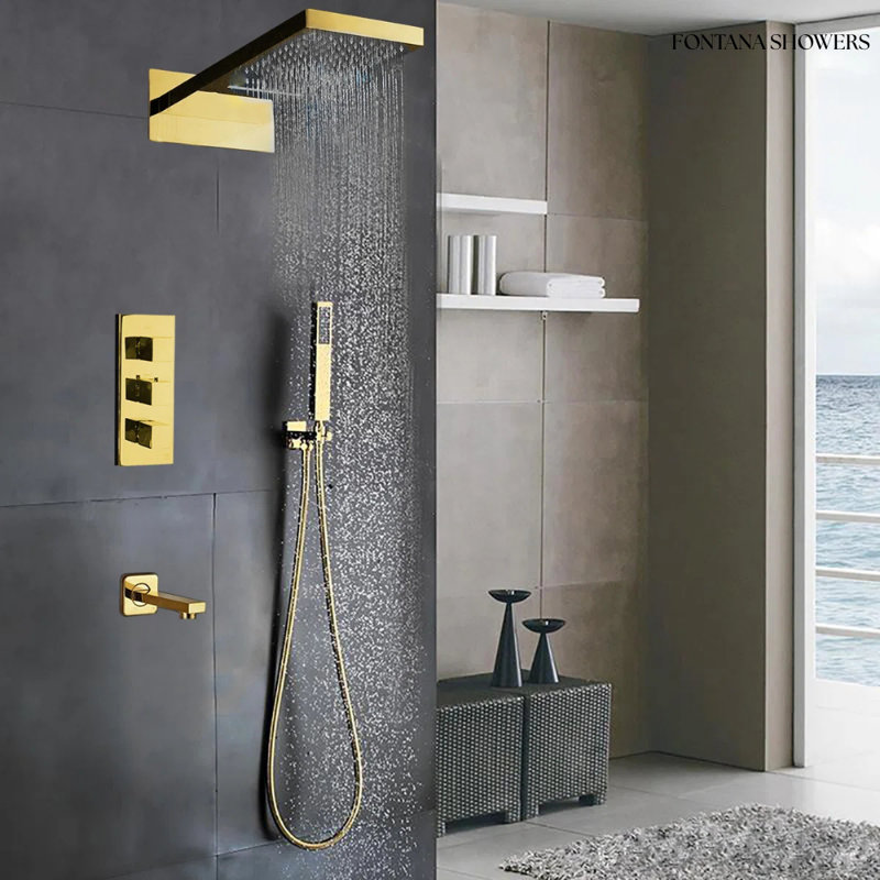 Ensemble de douche mural avec robinet à main et baignoire Mecca Gold
