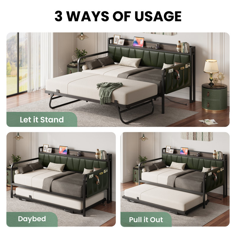 Space-Saving Convertible Daybed, Includes Pull-Out Trundle & Headboard with Storage and USB Outlets, Dark Green, Twin