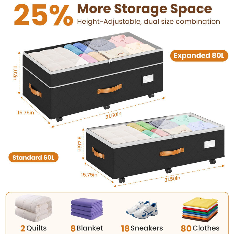 Rangement sous le lit avec roulettes 2Pack, récipients sous le lit réglables en hauteur de 80 L avec couvercles transparents, organisateur de rangement pour chaussures sous le lit, noir