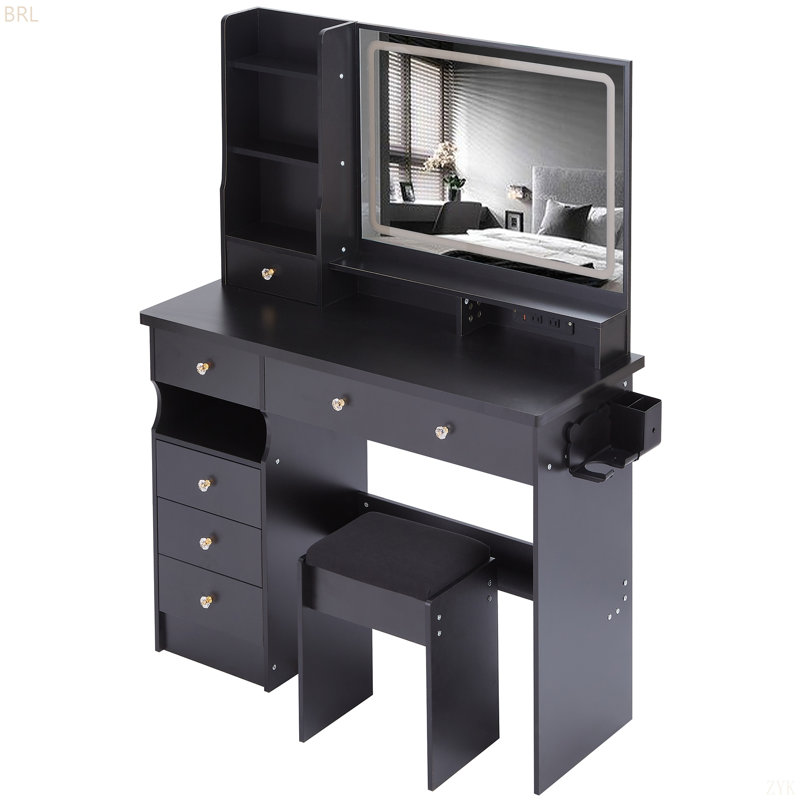 41" Large Size Left Drawer Desktop Vanity Table+Cushioned Stool Dresser Set, 2 AC+2 USB Power Station, Hair Dryer Stand, Extra Large Touch Control LED Mirror, 3-Color Switch, EPA, GCC, UL Certificate