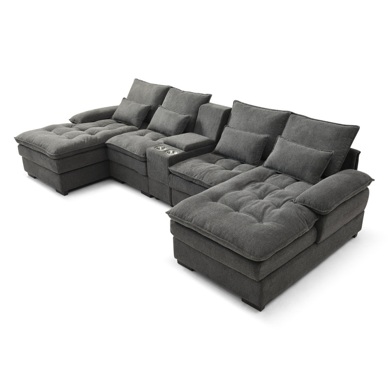 Canapé modulaire en U rembourré avec console Akeyra, Lin gris