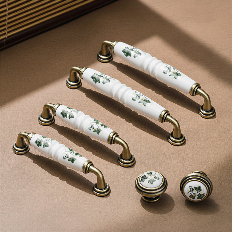 6-pack Cabinet Handles, Ceramic Drawer Pulls For Wardrobe, Kitchen Cabinets, And Dressers, Hardware Knobs, White With Green Leaf