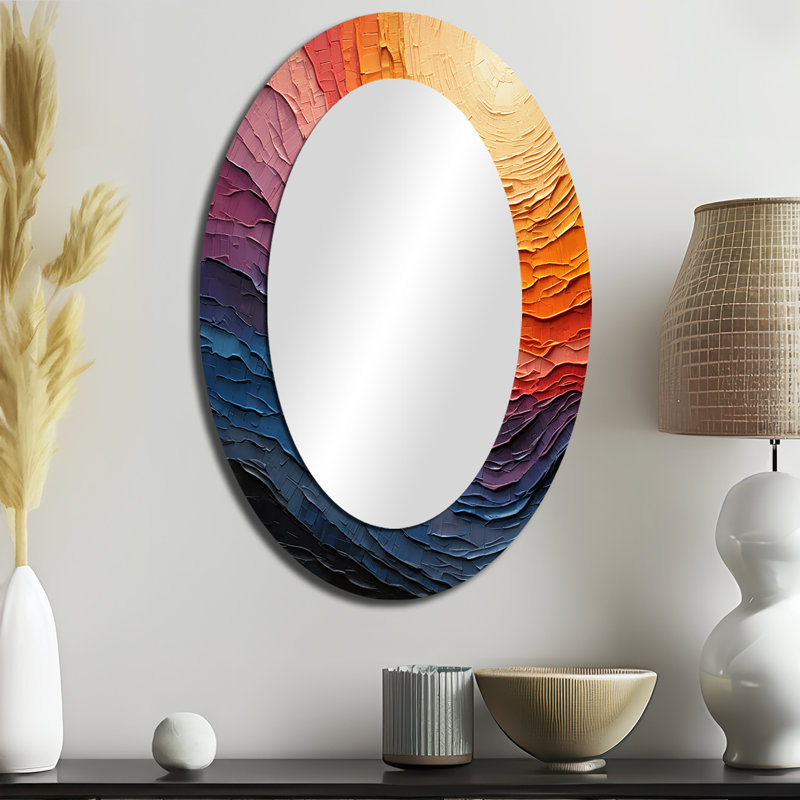 Abstrait lyrique jaune sarcelle Lyrical Sunset I - Grand miroir mural ovale sur métal, 36" x 24"