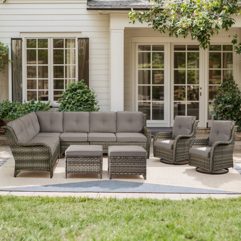 6-Piece Outdoor PE Rattan Sectional Seating Group With Cushions, Gray, Gray