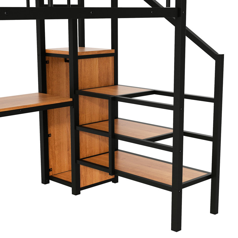 Lit mezzanine double en métal, bureau, escalier de rangement, petite armoire, conduit, confort fonctionnel